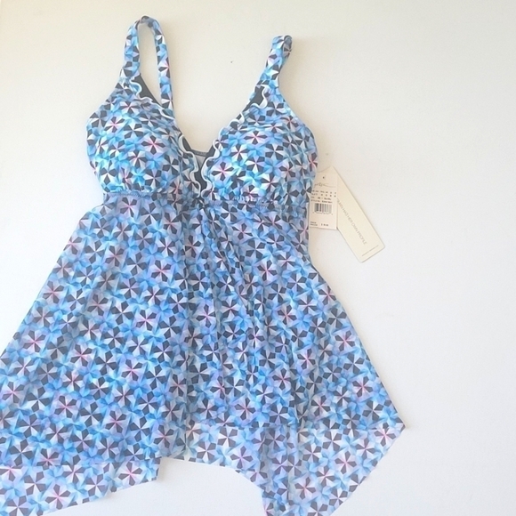 NEW! GOTTEX convertible adjustable flyaway tankini top pin wheel blue 10. - Picture 2 of 5